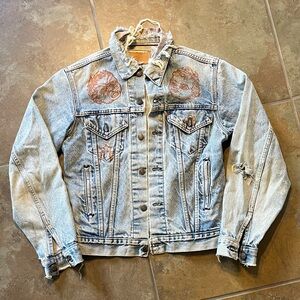 Vintage 70s customized Levi’s thrashed trucker jacket, super unique hand drawn